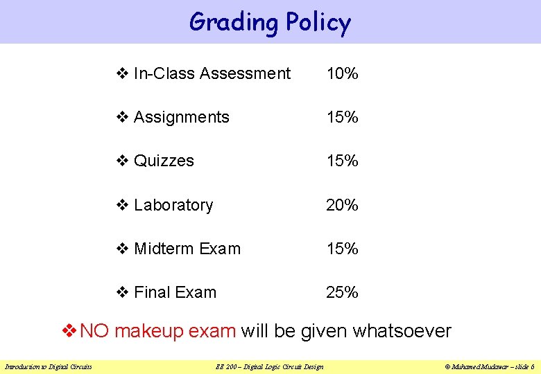 Grading Policy v In-Class Assessment 10% v Assignments 15% v Quizzes 15% v Laboratory