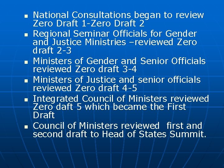 n n n National Consultations began to review Zero Draft 1 -Zero Draft 2