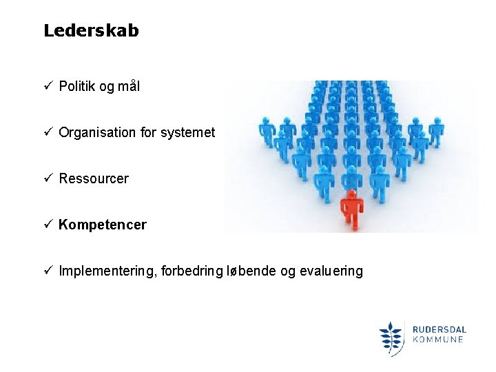 Lederskab ü Politik og mål ü Organisation for systemet ü Ressourcer ü Kompetencer ü