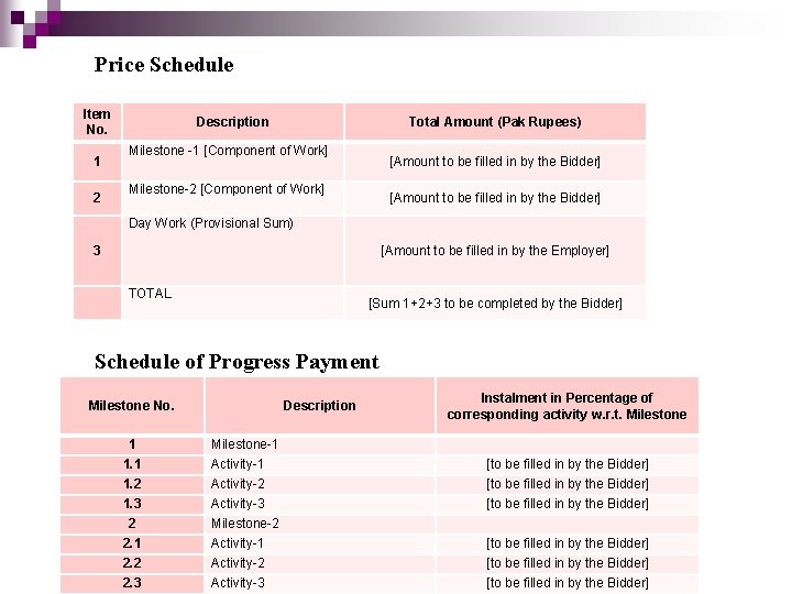 Price Schedule Item No. 1 2 Description Total Amount (Pak Rupees) Milestone -1 [Component Price Schedule Item No. 1 2 Description Total Amount (Pak Rupees) Milestone -1 [Component