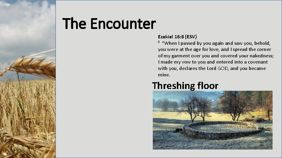 The Encounter Ezekiel 16: 8 (ESV) 8 “When I passed by you again and