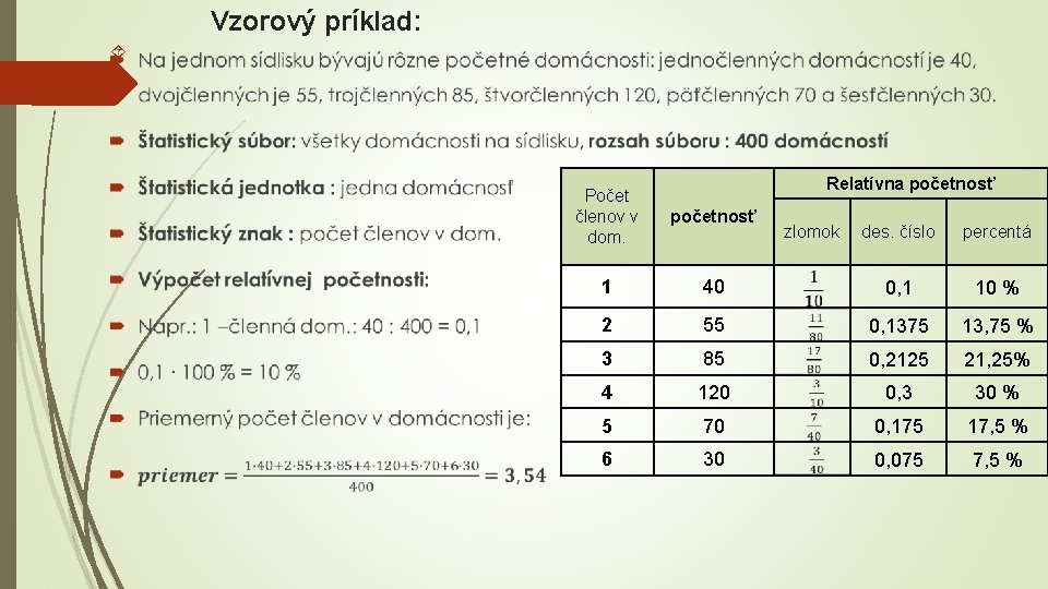 Vzorový príklad: Relatívna početnosť Počet členov v dom. početnosť 1 zlomok des. číslo percentá
