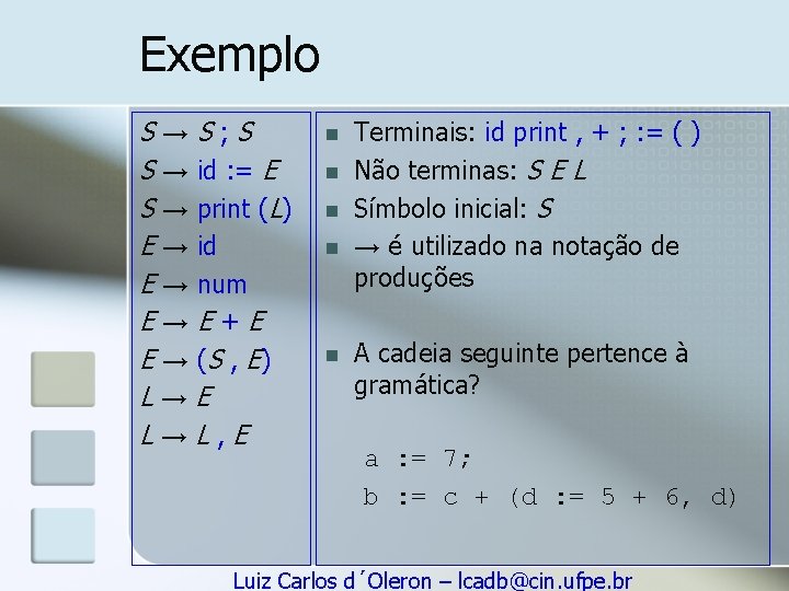 Exemplo S→S; S S → id : = E S → print (L) E