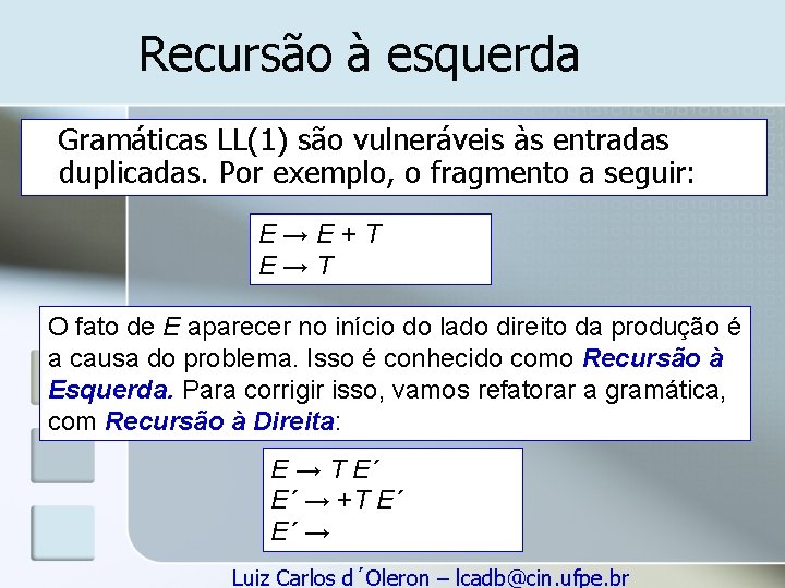 Recursão à esquerda Gramáticas LL(1) são vulneráveis às entradas duplicadas. Por exemplo, o fragmento