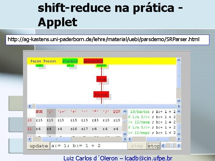shift-reduce na prática Applet http: //ag-kastens. uni-paderborn. de/lehre/material/uebi/parsdemo/SRParser. html Luiz Carlos d´Oleron – lcadb@cin.