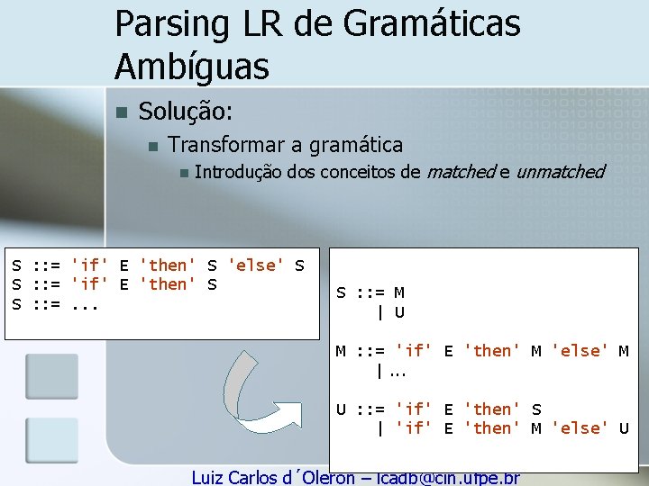 Parsing LR de Gramáticas Ambíguas n Solução: n Transformar a gramática n Introdução dos