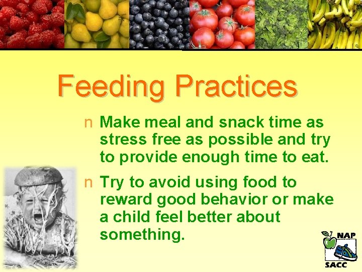 Feeding Practices n Make meal and snack time as stress free as possible and