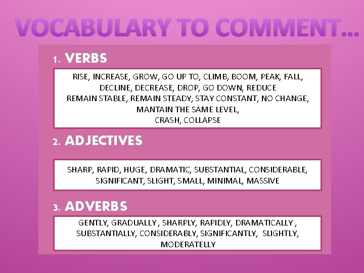 VOCABULARY TO COMMENT… 1. VERBS RISE, INCREASE, GROW, GO UP TO, CLIMB, BOOM, PEAK,