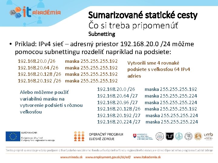Sumarizované statické cesty Čo si treba pripomenúť Subnetting • Príklad: IPv 4 sieť –