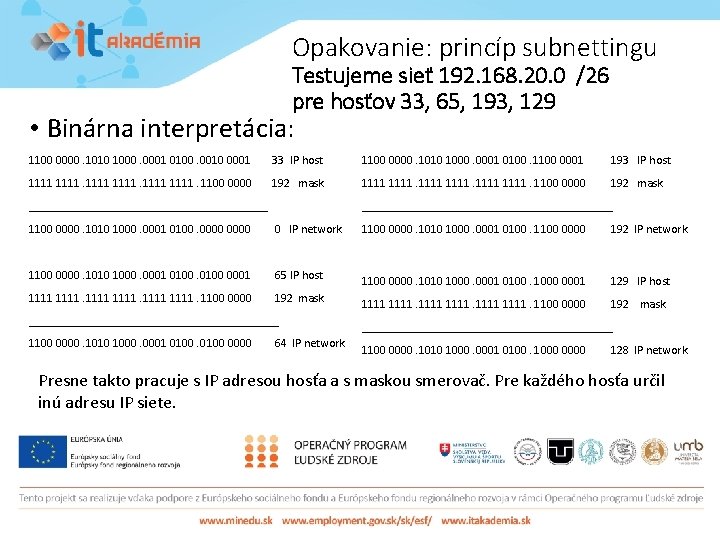 Opakovanie: princíp subnettingu Testujeme sieť 192. 168. 20. 0 /26 pre hosťov 33, 65,