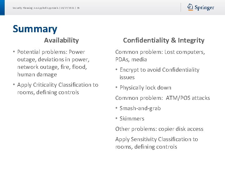 Security Planning: An Applied Approach | 10/27/2021 | 35 Summary Availability Confidentiality & Integrity