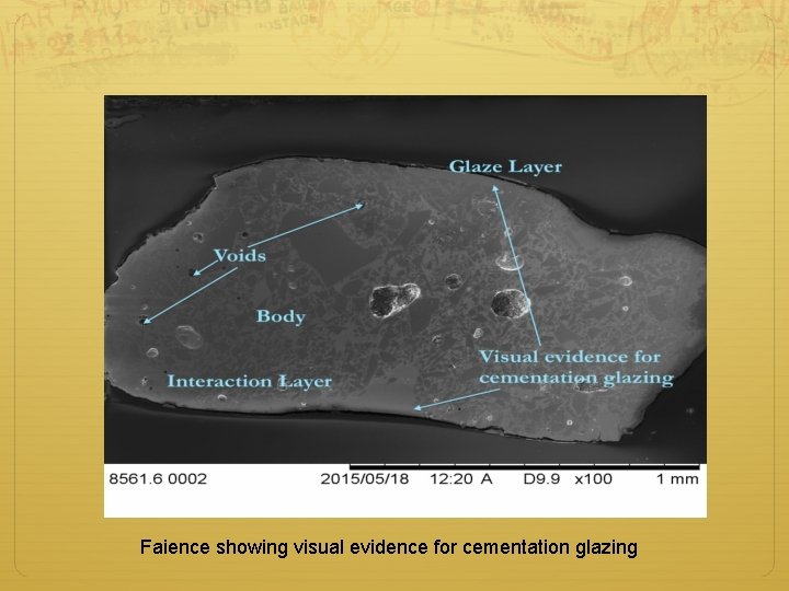 Faience showing visual evidence for cementation glazing 