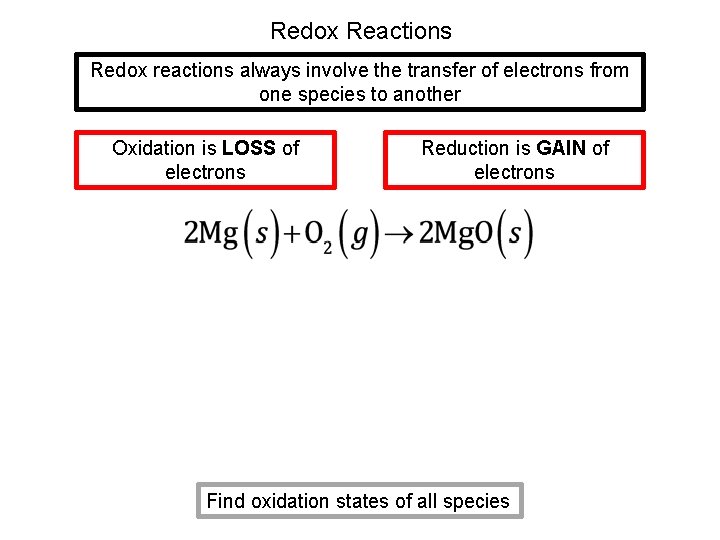 Redox Reactions Redox reactions always involve the transfer of electrons from one species to