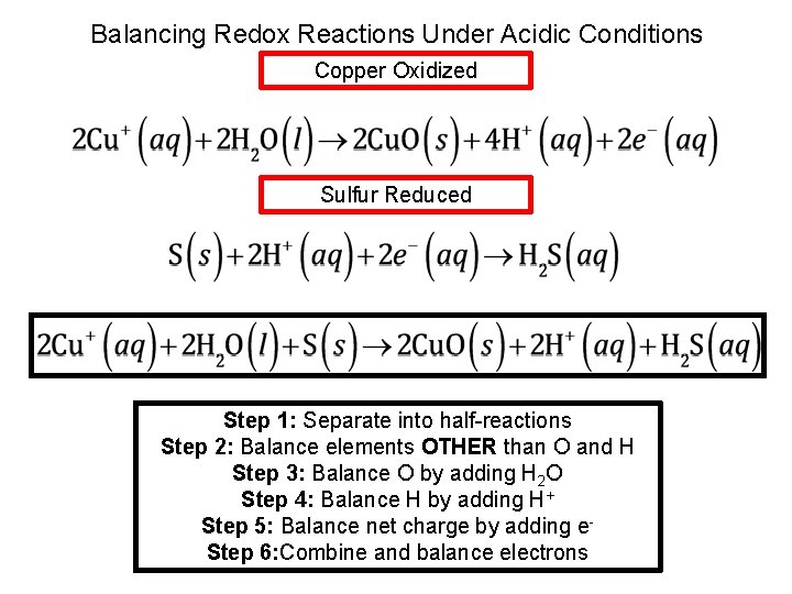 Balancing Redox Reactions Under Acidic Conditions Copper Oxidized Sulfur Reduced Step 1: Separate into