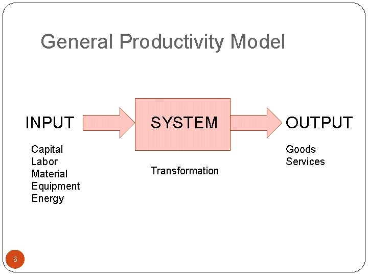 General Productivity Model INPUT Capital Labor Material Equipment Energy 6 SYSTEM Transformation OUTPUT Goods
