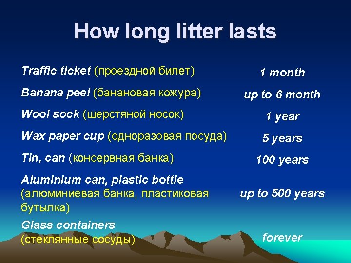 How long litter lasts Traffic ticket (проездной билет) 1 month Banana peel (банановая кожура)