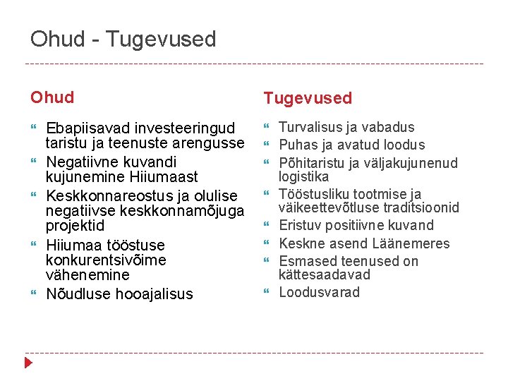 Ohud - Tugevused Ohud Ebapiisavad investeeringud taristu ja teenuste arengusse Negatiivne kuvandi kujunemine Hiiumaast