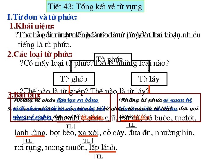 TiÕt 43: Tæng kÕt vÒ tõ vùng I. Tõ ®¬n vµ tõ phøc: 1.