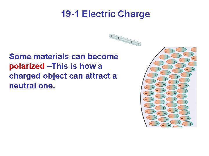 19 -1 Electric Charge Some materials can become polarized –This is how a charged