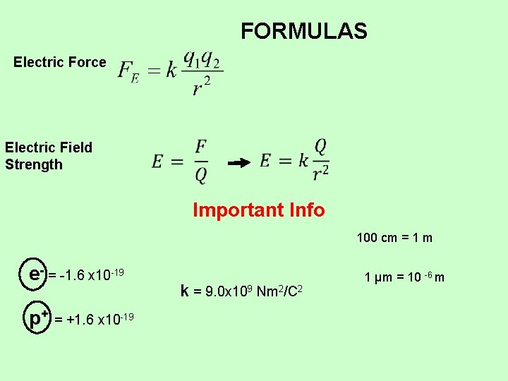 FORMULAS Electric Force Electric Field Strength Important Info 100 cm = 1 m e-