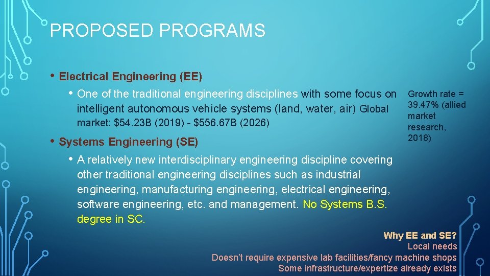 PROPOSED PROGRAMS • Electrical Engineering (EE) • One of the traditional engineering disciplines with
