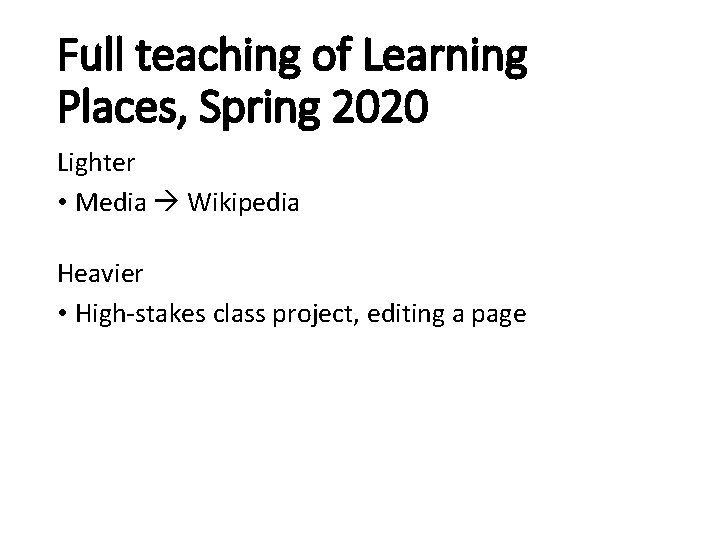 Full teaching of Learning Places, Spring 2020 Lighter • Media Wikipedia Heavier • High-stakes