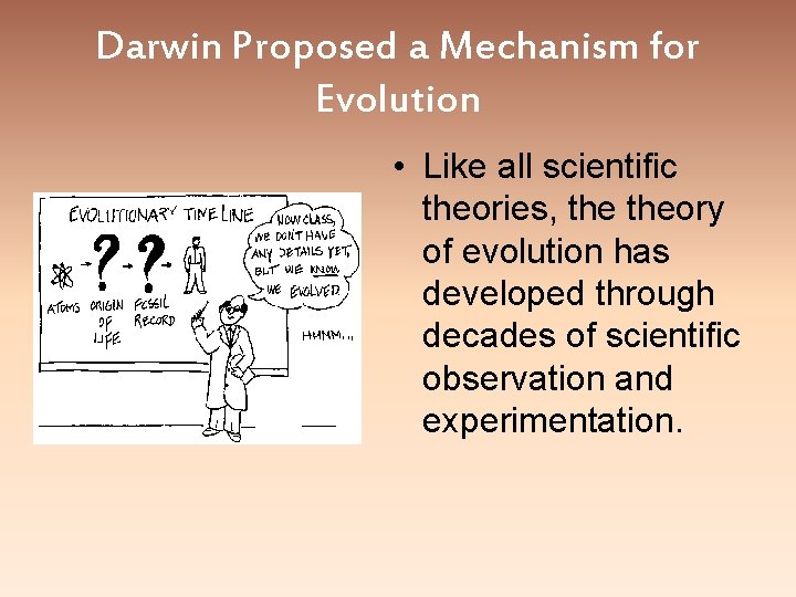 Darwin Proposed a Mechanism for Evolution • Like all scientific theories, theory of evolution