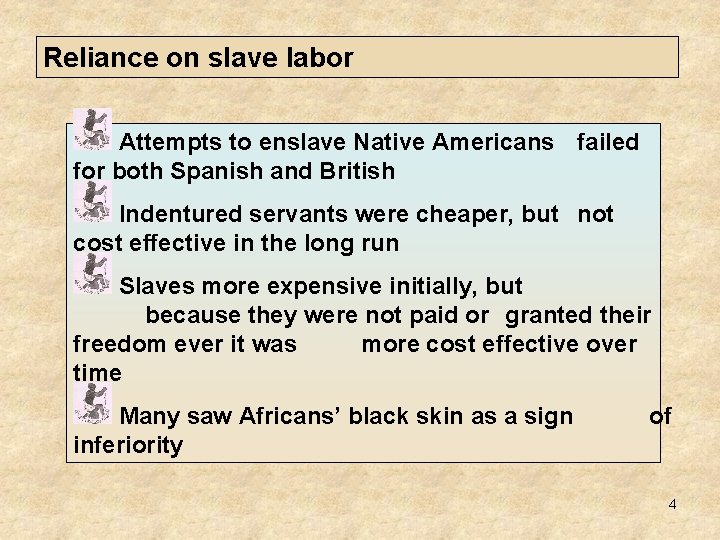 Reliance on slave labor Attempts to enslave Native Americans failed for both Spanish and