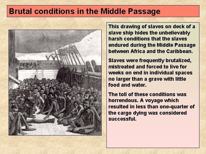 Brutal conditions in the Middle Passage This drawing of slaves on deck of a