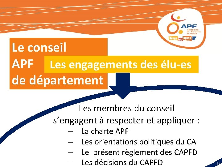 Le conseil APF Les engagements des élu-es de département Les membres du conseil s’engagent