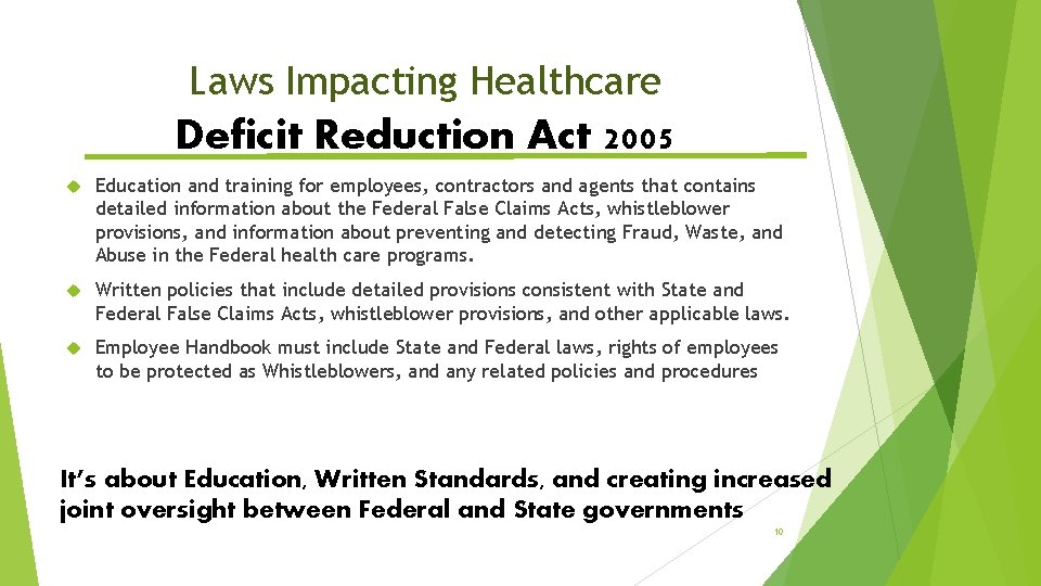 Laws Impacting Healthcare Deficit Reduction Act 2005 Education and training for employees, contractors and