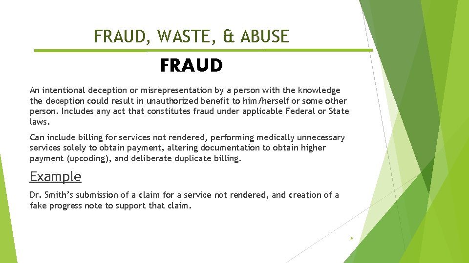 FRAUD, WASTE, & ABUSE FRAUD An intentional deception or misrepresentation by a person with