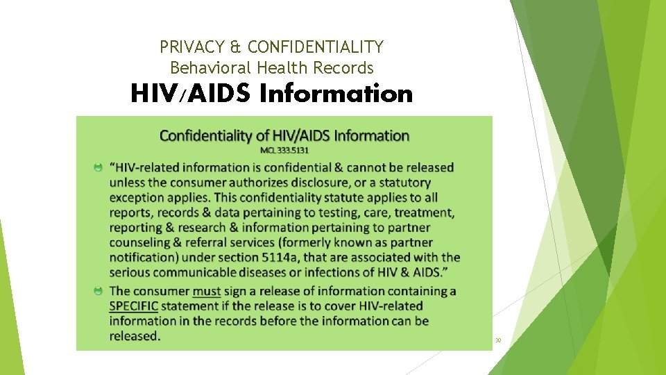 PRIVACY & CONFIDENTIALITY Behavioral Health Records HIV/AIDS Information 30 