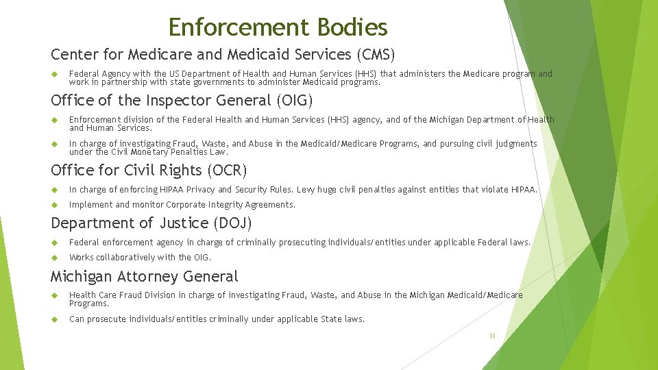 Enforcement Bodies Center for Medicare and Medicaid Services (CMS) Federal Agency with the US