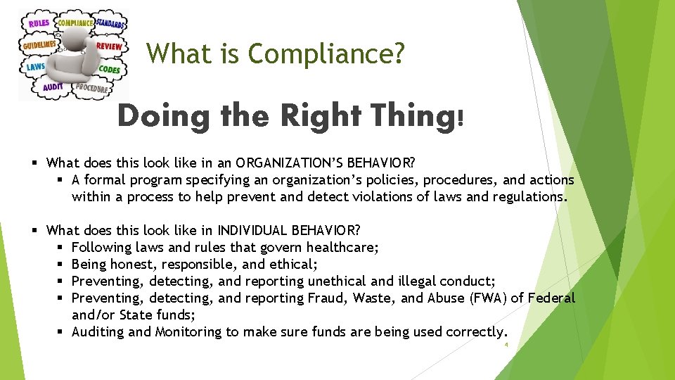 What is Compliance? Doing the Right Thing! § What does this look like in