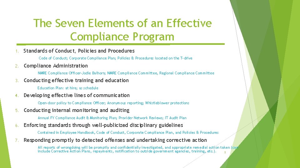 The Seven Elements of an Effective Compliance Program 1. Standards of Conduct, Policies and