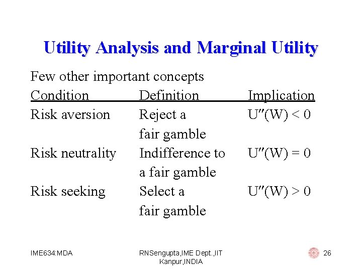 Utility Analysis and Marginal Utility Few other important concepts Condition Definition Risk aversion Reject