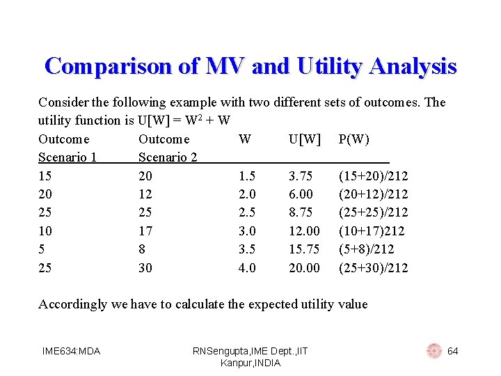 Comparison of MV and Utility Analysis Consider the following example with two different sets