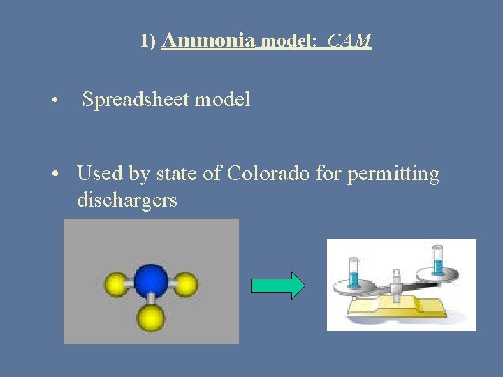 1) Ammonia model: CAM • Spreadsheet model • Used by state of Colorado for