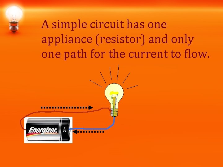 A simple circuit has one appliance (resistor) and only one path for the current A simple circuit has one appliance (resistor) and only one path for the current