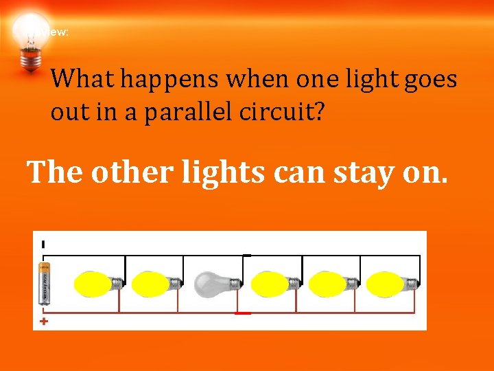 Review: What happens when one light goes out in a parallel circuit? The other Review: What happens when one light goes out in a parallel circuit? The other