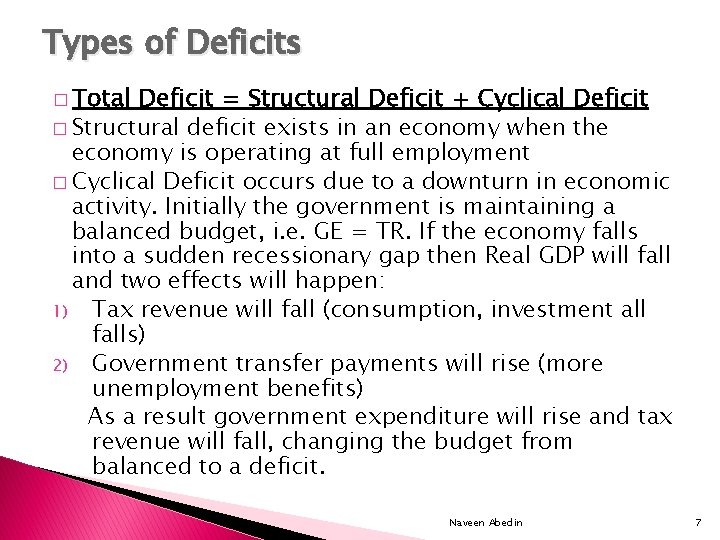 Types of Deficits � Total Deficit = Structural Deficit + Cyclical Deficit � Structural