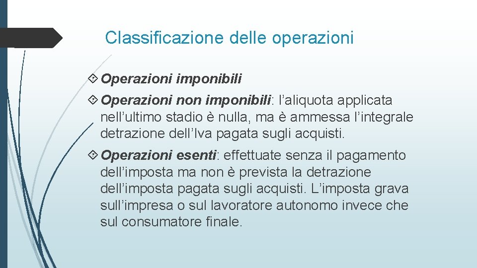 Classificazione delle operazioni Operazioni imponibili Operazioni non imponibili: l’aliquota applicata nell’ultimo stadio è nulla,