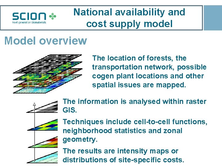 National availability and cost supply model Model overview The location of forests, the transportation