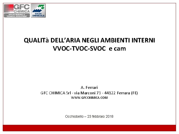 QUALITà DELL’ARIA NEGLI AMBIENTI INTERNI VVOC-TVOC-SVOC e cam A. Ferrari GFC CHIMICA Srl -