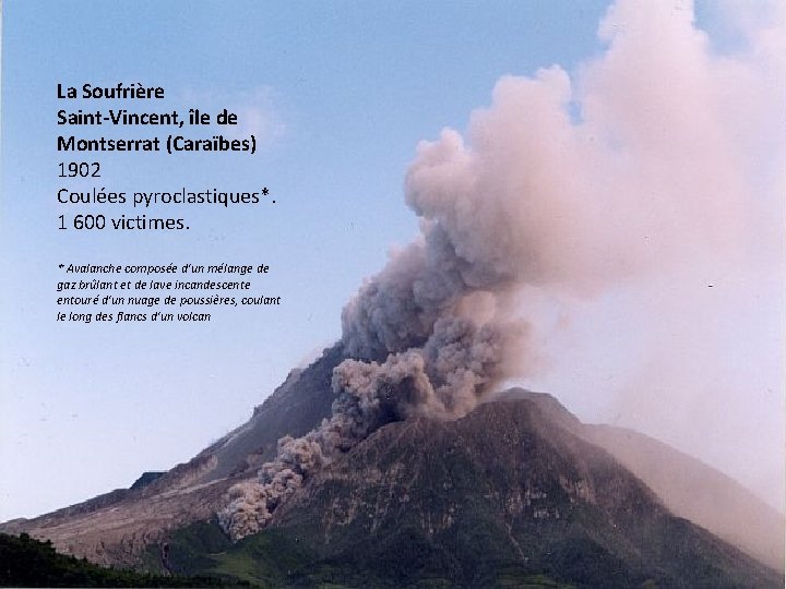 La Soufrière Saint-Vincent, île de Montserrat (Caraïbes) 1902 Coulées pyroclastiques*. 1 600 victimes. *