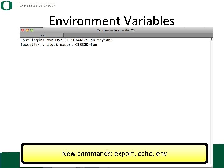 Environment Variables New commands: export, echo, env 