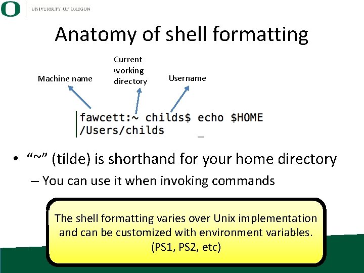 Anatomy of shell formatting Machine name Current working directory Username • “~” (tilde) is