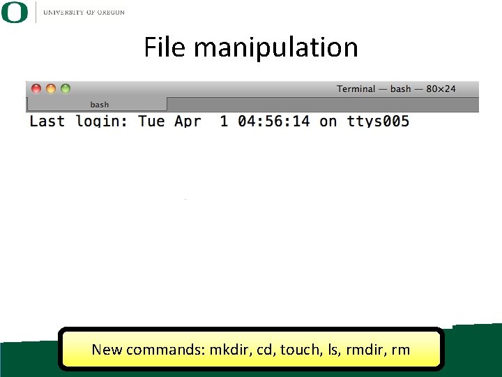 File manipulation New commands: mkdir, cd, touch, ls, rmdir, rm 