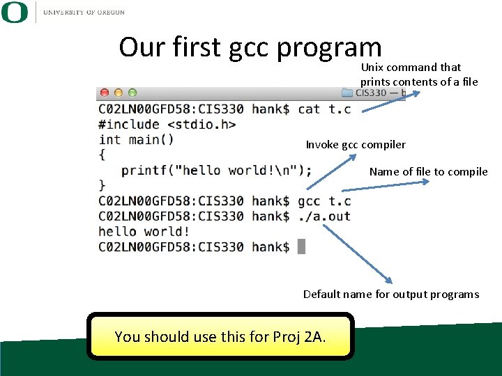 Our first gcc program Unix command that prints contents of a file Invoke gcc